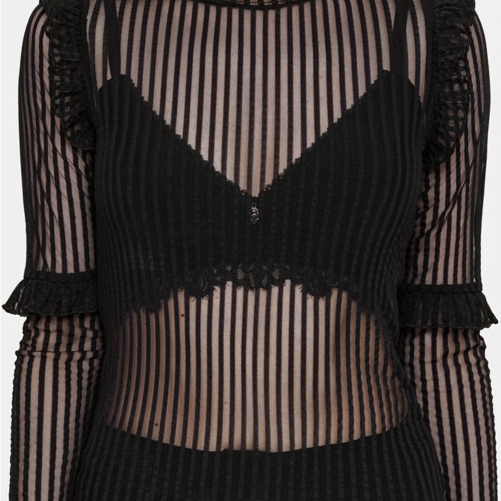 Disturbia Mourning Ruffle Top NWOT Black Sheer Stripe Long-Sleeve S - Picture 2 of 5